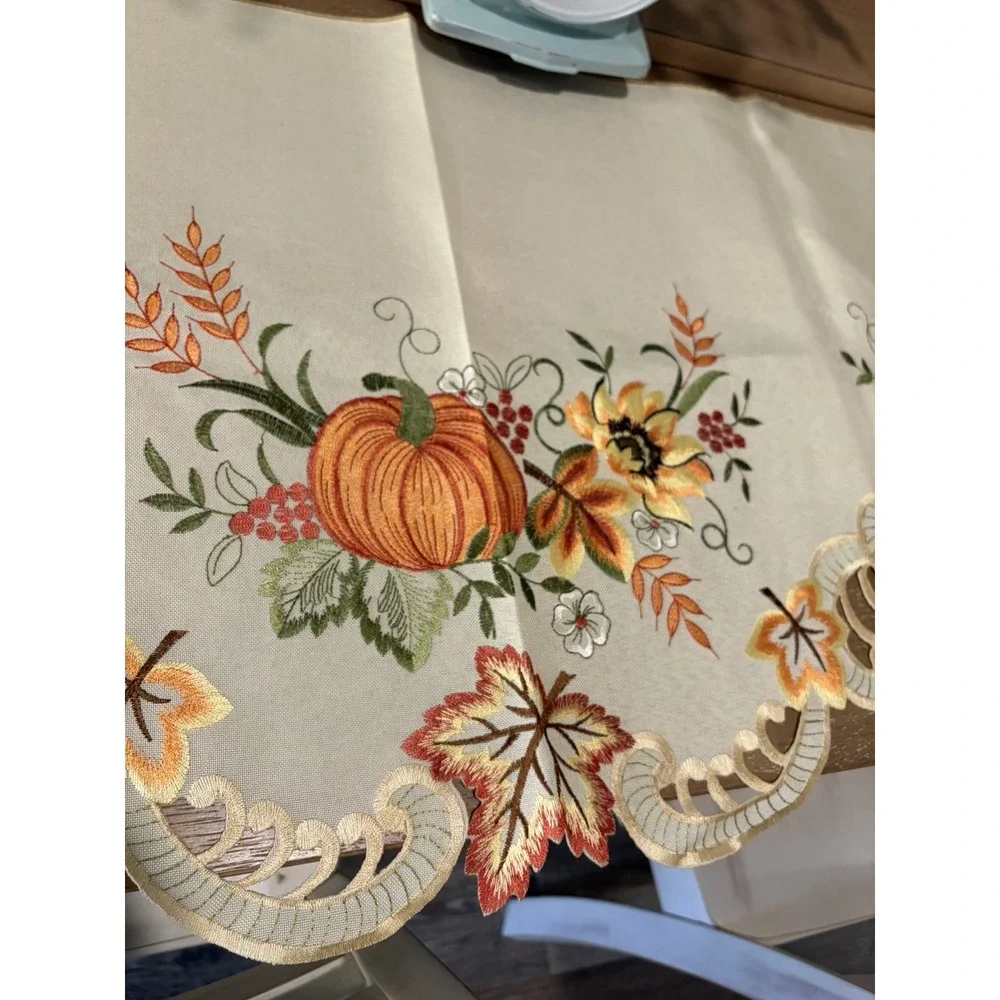 Embroidered Autumn Leaves & Flowers Cut Out Mantle Runner~64